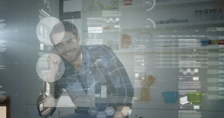 Image of data processing over caucasian businessman at office. Global business, computing and digital interface concept digitally generated image.の写真素材