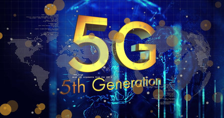 Image of 5th generation and globe over world map and black background. Network, communication and technology concept digitally generated image.の写真素材