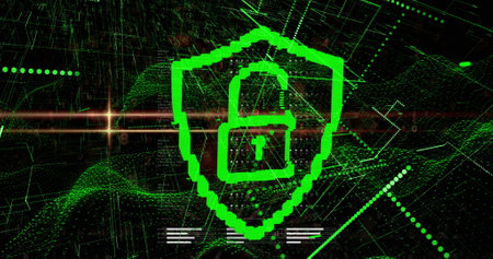 Image of lines and digital padlock over black background. Digital safety, network and technology...