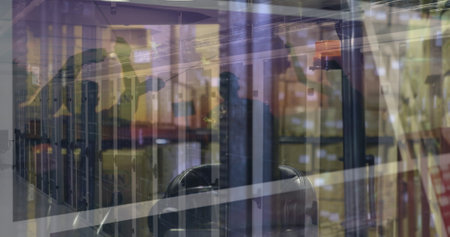 Image of data processing over warehouse and servers. Business, finance, technology and delivery...