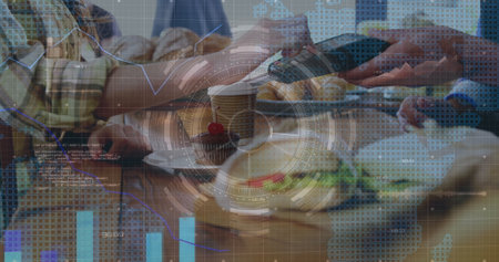 Image of data processing over hand paying in shop. Global business and digital interface concept digitally generated image.の写真素材