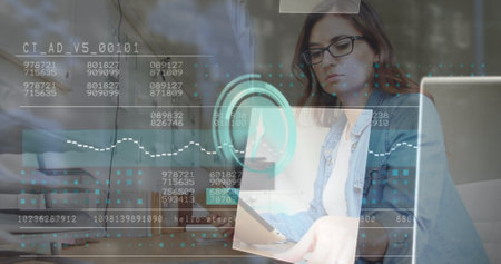 Image of data processing, file icons and clock over caucasian businesswoman at office. Global...