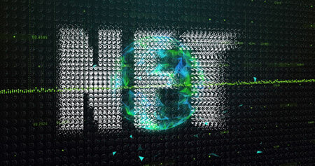 Image of nft and graph over globe on black background. Network, digital safety and technology concept digitally generated image.の写真素材