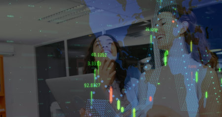 Image of data processing over diverse business people at office. Global business, computing and...