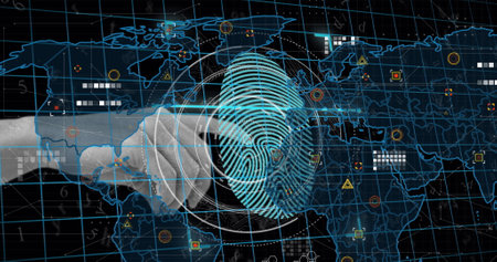 Image of scope scanning and world map over hand and fingerprint on black background. Global...