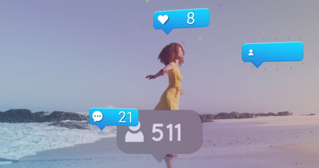 Image of social media icons and numbers on banners over woman running on beach. Global networks,...