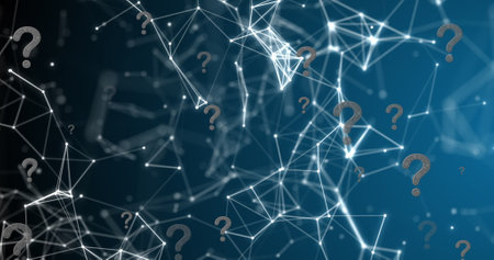 Image of question mark icons over network of connections on blue background. Global connections, and digital interface concept digitally generated image.の写真素材