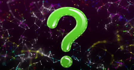 Image of question mark over connections on black background. Network, communication and technology concept digitally generated image.の写真素材