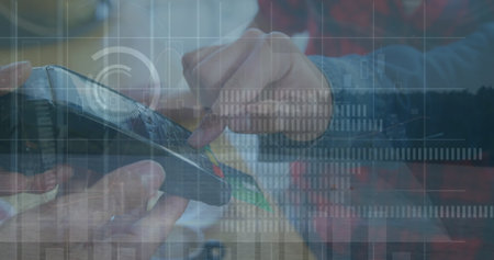 Image of financial data processing over diverse people paying with credit card. Global finances,...