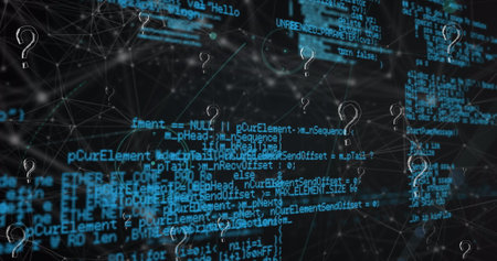 Image of question mark icons over network of connections and data processing on black background. Global connections, and digital interface concept digitally generated image.の写真素材