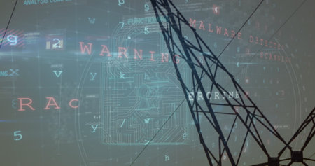 Image of scanning, virus warning and digital padlock over electricity poles. Energy, electricity,...