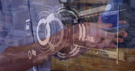 Image of data processing and scope scanning over diverse people holding cup of coffee. Global technology, finances and digital interface concept digitally generated image.の写真素材