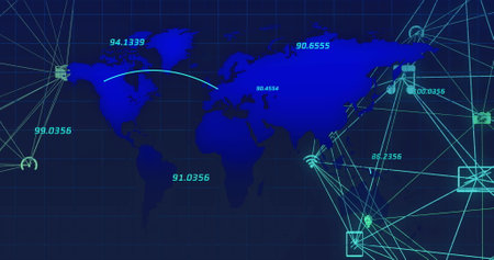 Image of world map with data processing over network of connections with icons. Global technology,...