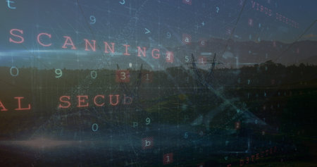 Image of scanning, virus warning over electricity poles. Energy, electricity, data processing, security and technology concept digitally generated image.の写真素材