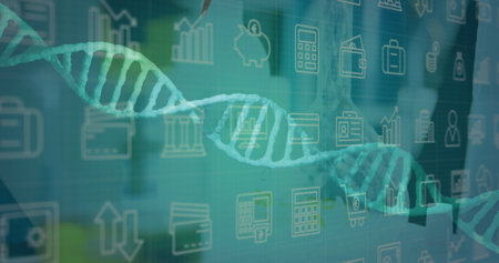 Image of spinning dna strand an data processing over caucasian scientist in laboratory. Global...