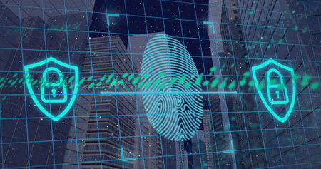 Image of graphs, fingerprint and digital padlocks over skyscrapers. Network, digital safety and...