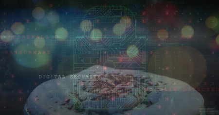 Image of blurred traffic lights over folders and digital padlock. Data processing, digital screen,...