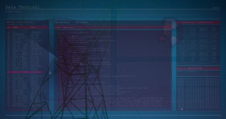 Image of data processing on digital screens over electricity poles. Energy, electricity, data...