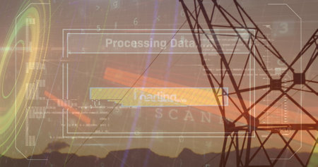 Image of firewall, virus warning over electricity poles. Energy, electricity, data processing,...