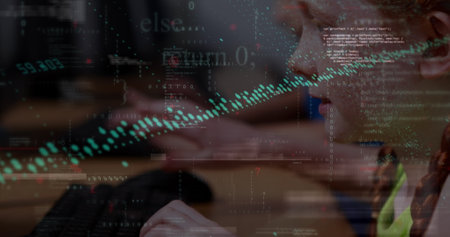 Image of data processing over diverse schoolchildren using computer. Global education, technology...