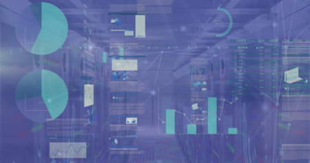 Image of graphs and data over servers. Network, connections, communication, data processing and...