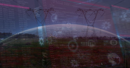Image of data processing on digital screens over electricity poles. Energy, electricity, data processing, security and technology concept digitally generated image.の写真素材
