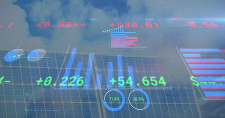 Image of financial data processing over solar panel. Electricity, energy and power distribution digitally generated image.の写真素材