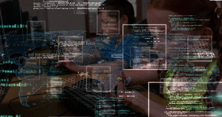 Image of data processing over world map against caucasian girl using computer at school. School and...