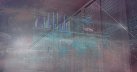 Image of connections over servers. Network, connections, communication, data processing and...