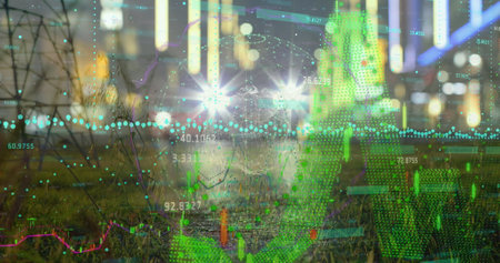 Image of graphs over night city and electricity poles. Energy, electricity, data processing, security and technology concept digitally generated image.の写真素材