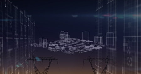 Image of data processing and metaverse city over electricity poles. Energy, electricity, data processing, security and technology concept digitally generated image.の写真素材