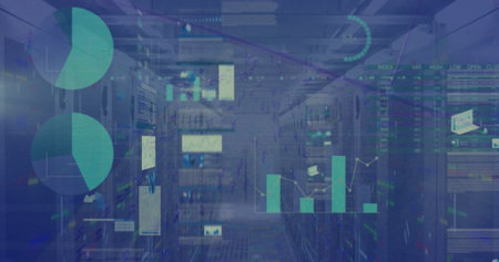 Image of graphs and data over servers. Network, connections, communication, data processing and...
