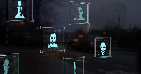 Image of multiple profile icons with data processing over city traffic at night. Global networking...