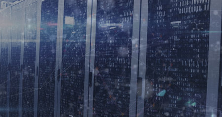 Image of network of connections over server room. Global network, connections and technology concept...