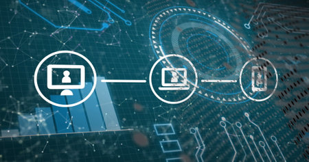 Image of digital icons over digital interface with data processing and network of connections....