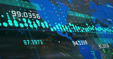 Data processing over a world map against city traffic at night. Global networking and business...
