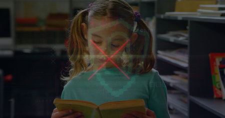 Image of data processing over caucasian schoolgirl reading. Global education and digital interface...