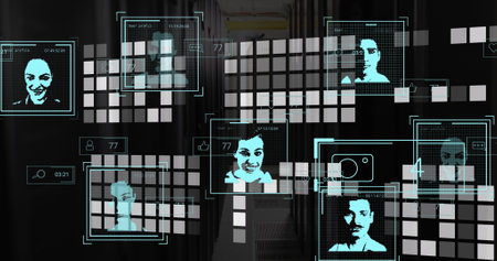 Image of multiple profile icons with data processing against mosaic squares and server room. Global...