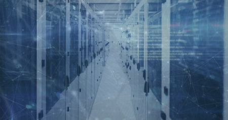 Image of network of connections and data processing over server room. Global network, connections...