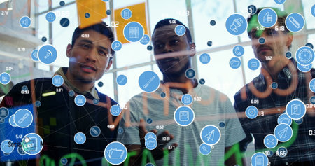 Image of network of connections over diverse people at office. Global business, connections and digital interface concept digitally generated image.の写真素材
