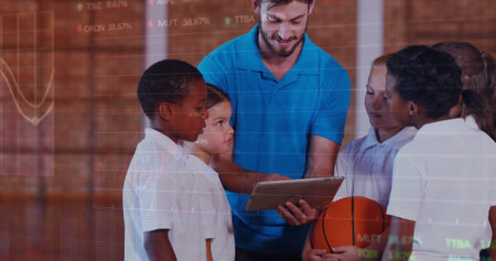 Image of data processing over diverse schoolchildren and teacher using tablet. Global education, computing and digital interface concept digitally generated image.の写真素材