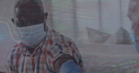 Image of data processing over caucasian male doctor with patient. Global medicine and digital...