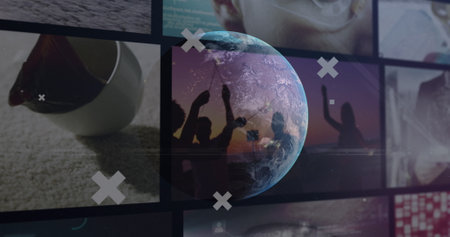 Image of data processing over globe. Global business and digital interface concept digitally generated image.の写真素材