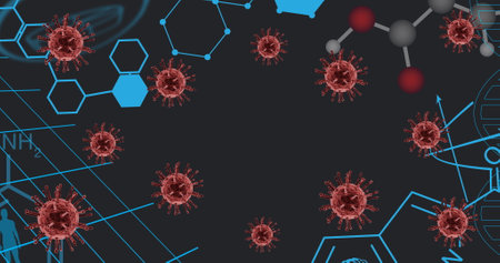 Image of virus cells and chemical formulas over black background. Health, science and covid 19...