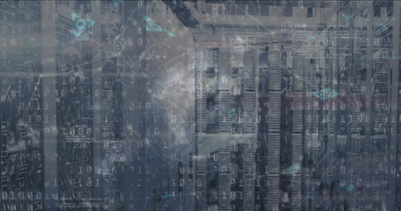 Image of connections and globe over servers. Network, connections, communication, data processing...