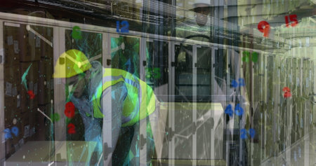 Image of shapes over caucasian male warehouse worker and servers. Business, finance, technology and...