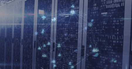 Image of connections and icons over servers. Network, connections, communication, data processing...