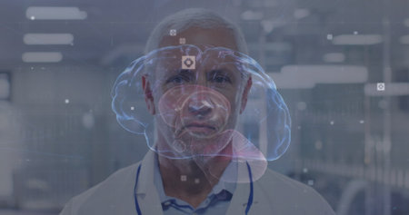 Scientist wearing lab coat studying holographic brain scan in lab corridor, with interface icons....