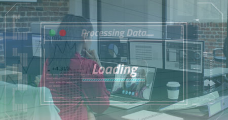 Image of data processing over businesswomen. Global business, finances, data processing and digital...