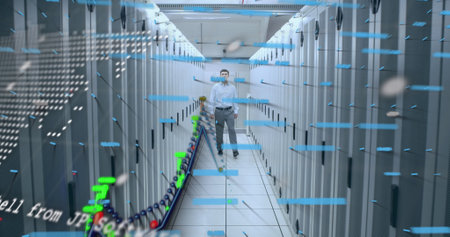 Financial data processing and world map over caucasian male engineer walking in computer server...